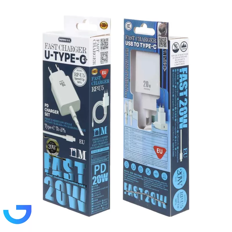 قیمت و خرید شارژر دیواری فست دو پین تک پورت Remax مدل RP-U5 20W به همراه کابل شارژ آیفون | فروشگاه آریا