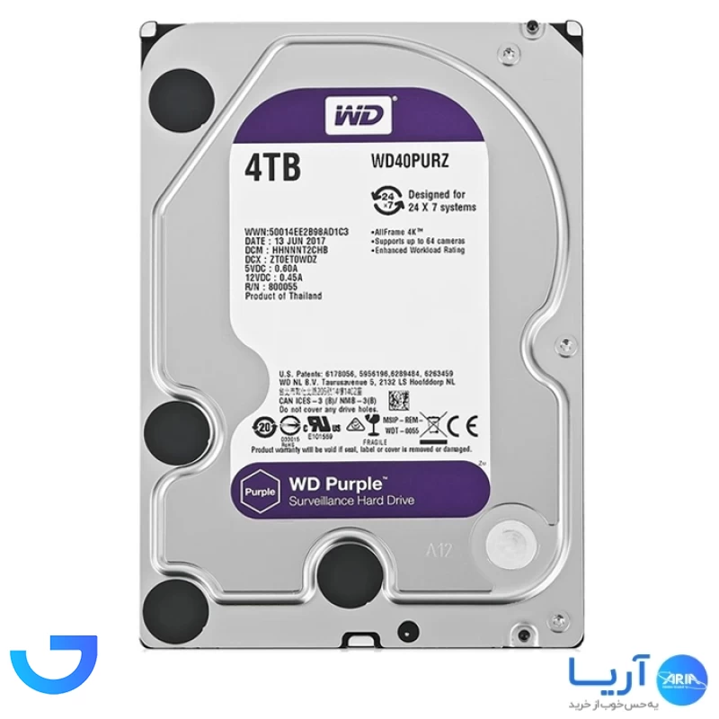 هارددیسک اینترنال وسترن دیجیتال مدل Purple WD10PURZ ظرفیت 4 ترابایت نمای ۲