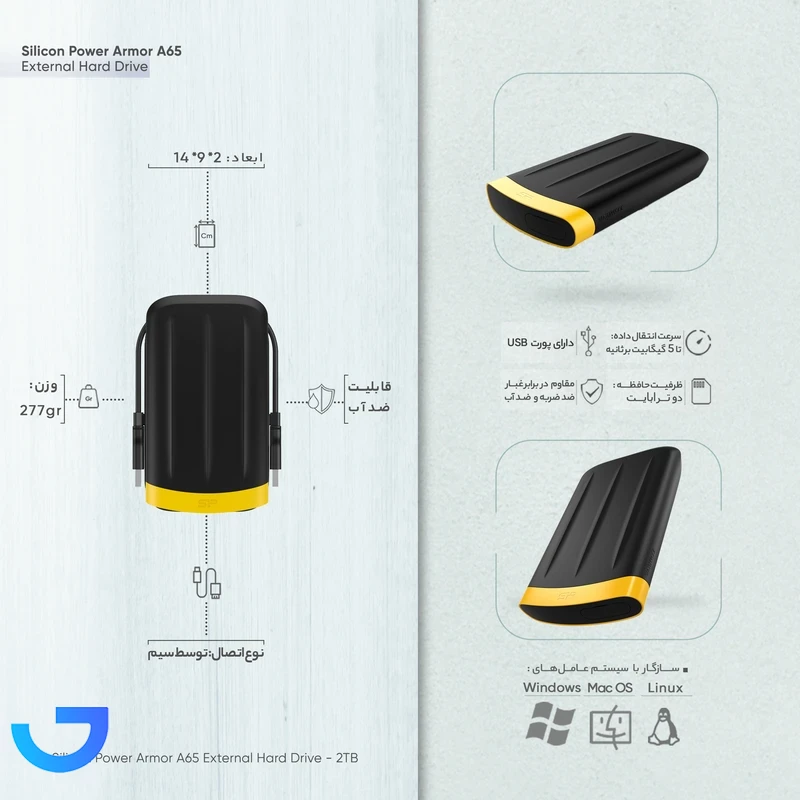 قیمت و خرید هارد اکسترنال سیلیکون پاور مدل Armor A65 ظرفیت 2 ترابایت | فروشگاه آریا