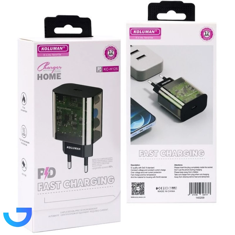 شارژر دیواری 20 وات فست شارژ PD دو پورت کلومن مدل KC-H125 نمای ۲