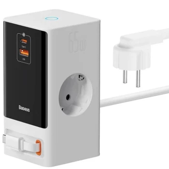 شارژر رومیزی بیسوس 65 وات مدل Baseus PowerCombo Digital PowerStrip 2AC+1U+1C+Retractable-C (65W) | فروشگاه آریا