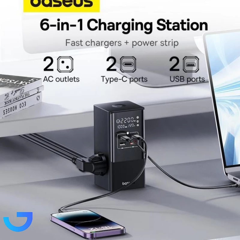 قیمت و خرید شارژر رومیزی بیسوس 65 وات مدل Baseus PowerCombo Digital PowerStrip 2AC+1U+1C+Retractable-C (65W) | فروشگاه آریا