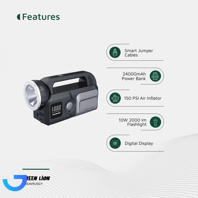 قیمت و خرید جامپ استارتر خودرو و پمپ باد و پاوربانک گرین لاین مدل GNSAVRJSGY ظرفیت ۲۴۰۰۰ میلی‌آمپر | فروشگاه آریا