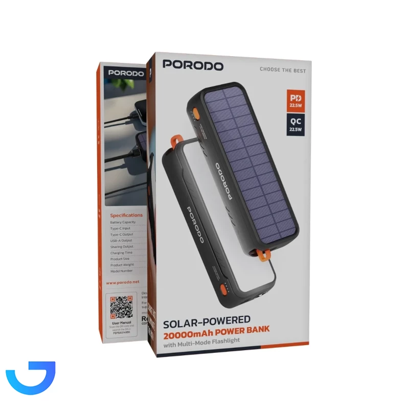 قیمت و خرید پاوربانک خورشیدی پرودو مدل SOLAR-POWERED PDPBAS149BK - 22.5W 20000mAh (PD و فست شارژ) | فروشگاه آریا