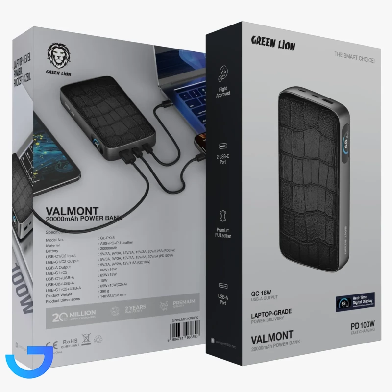 قیمت و خرید پاوربانک گرین لاین 20000mAh مدل VALMONT GNVLM20KPBBK 100W (PD و فست شارژ) | فروشگاه آریا