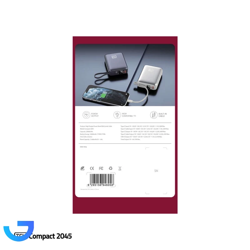 قیمت و خرید پاوربانک 45 وات تی سی اچ مدل Compact 2045 ظرفیت 20000 میلی‌آمپرساعت | فروشگاه آریا