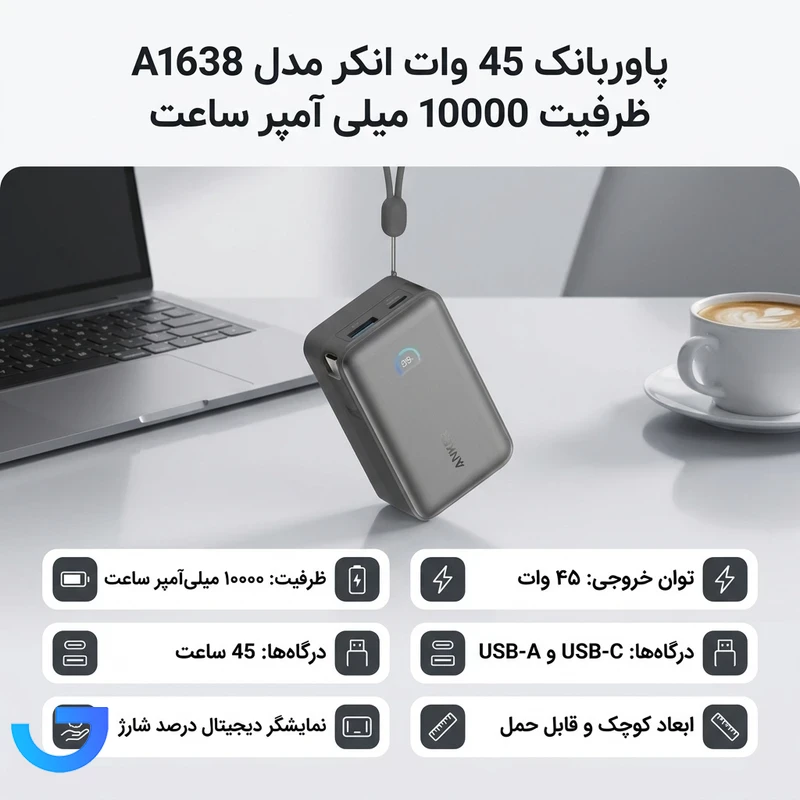قیمت و خرید پاوربانک 45 وات انکر مدل A1638H61 ظرفیت 10000 میلی آمپر ساعت | فروشگاه آریا