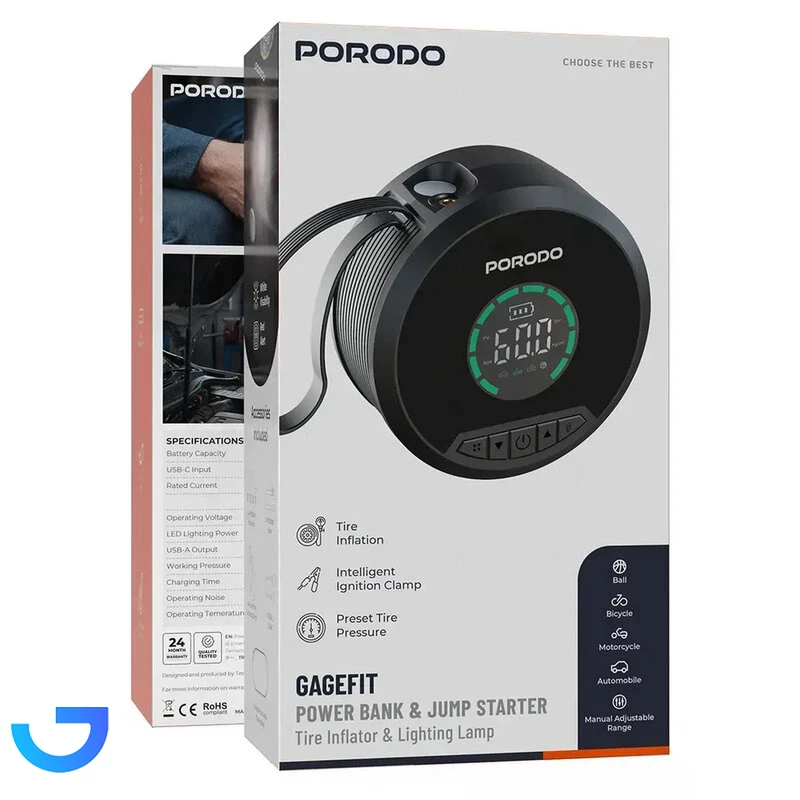 قیمت و خرید پاوربانک فست شارژ ، جامپ استاتر و پمپ باد تایر Porodo 8000mAh مدل GAGEFIT PDCC218BK | فروشگاه آریا